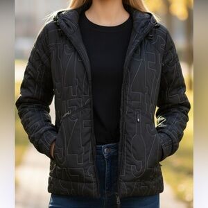 Salomon Women's Medium Signature Embroidered Quilted Black Hooded Jacket Coat